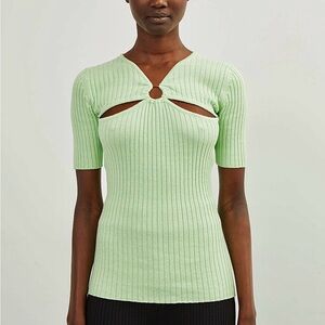 Anna Quan Laila Wasabi Green Ribbed Short Sleeve Cutout Ring Detail Fitted Top